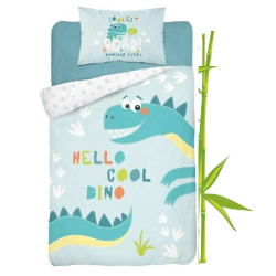 Dobbeltsidet bambus sengetøj Dino Mint med dinosaurmotiv fra Sleeptime.dk
