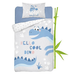 Dobbeltsidet bambus sengetøj Dino Blå med dinosaurmotiv fra Sleeptime.dk