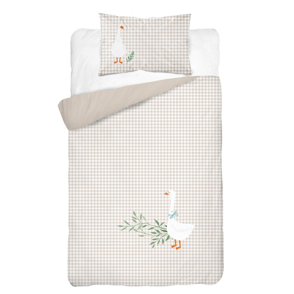 Bambus Sengetøj Geese, Bejge med gæs og skrift “Mom I Love You” fra Sleeptime.dk