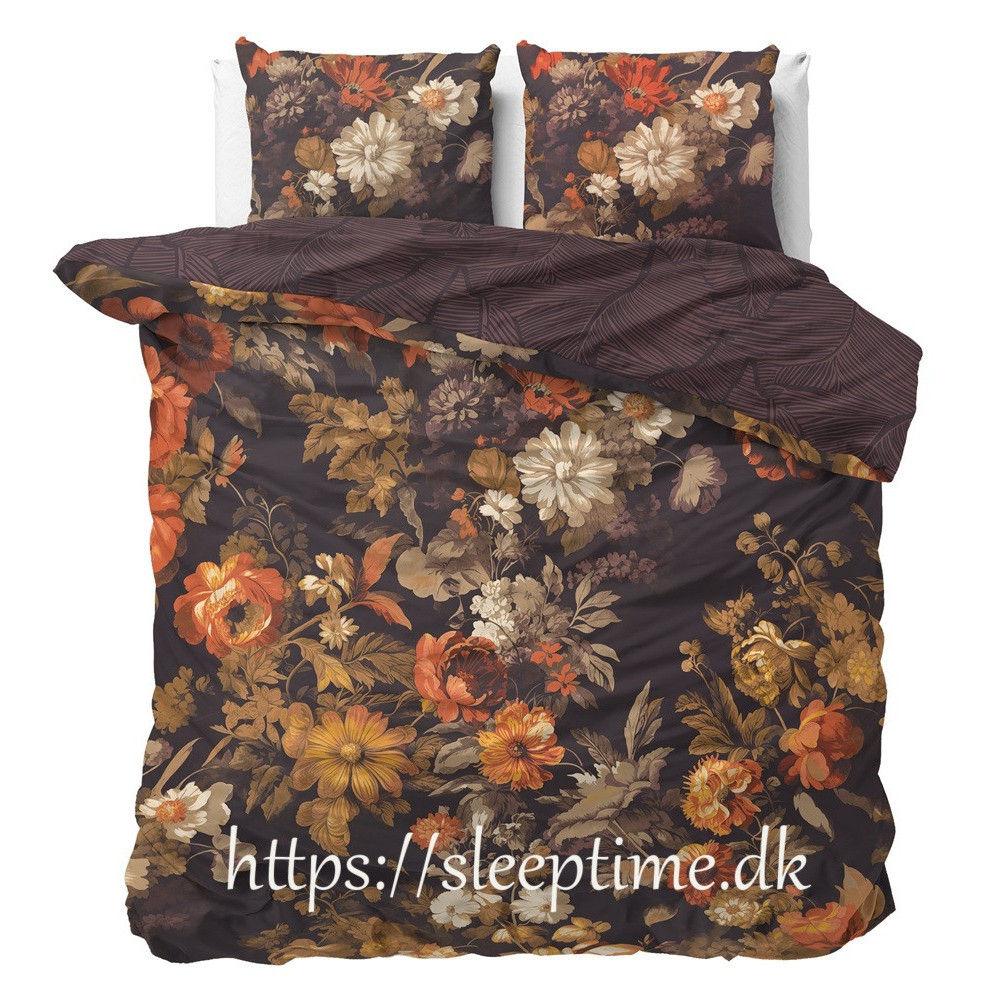 Sengesæt Art flowers Bruin med blader på i ren bomuld fra Sleeptime.dk