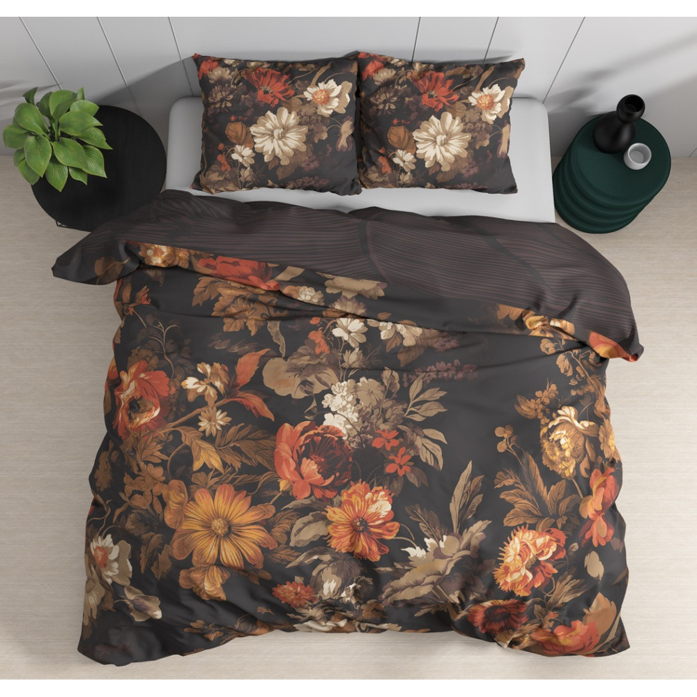 Sengesæt Art flowers Bruin med blader på i ren bomuld fra Sleeptime.dk