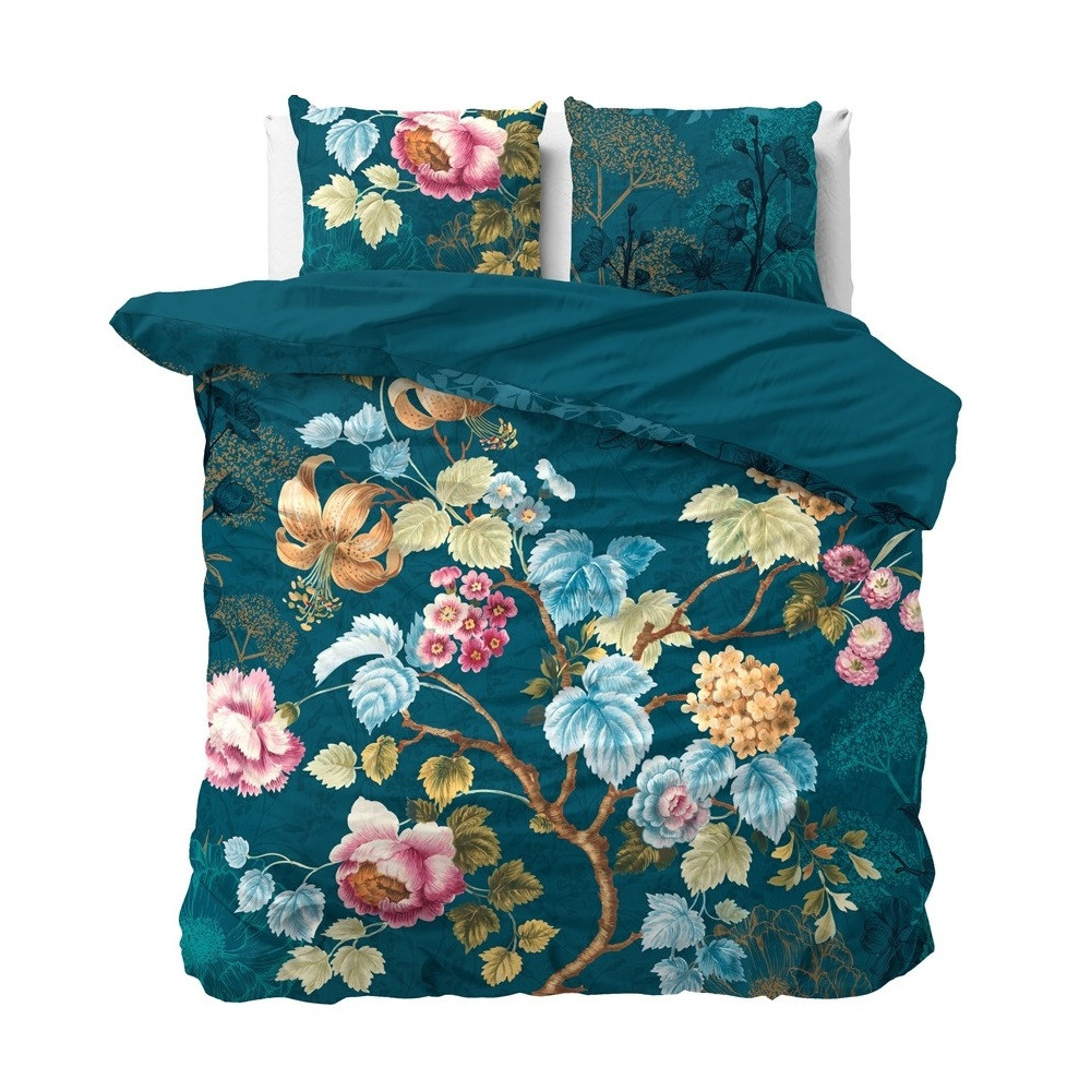 Sengesæt Chanda Blå med blader på i ren bomuld fra Sleeptime.dk