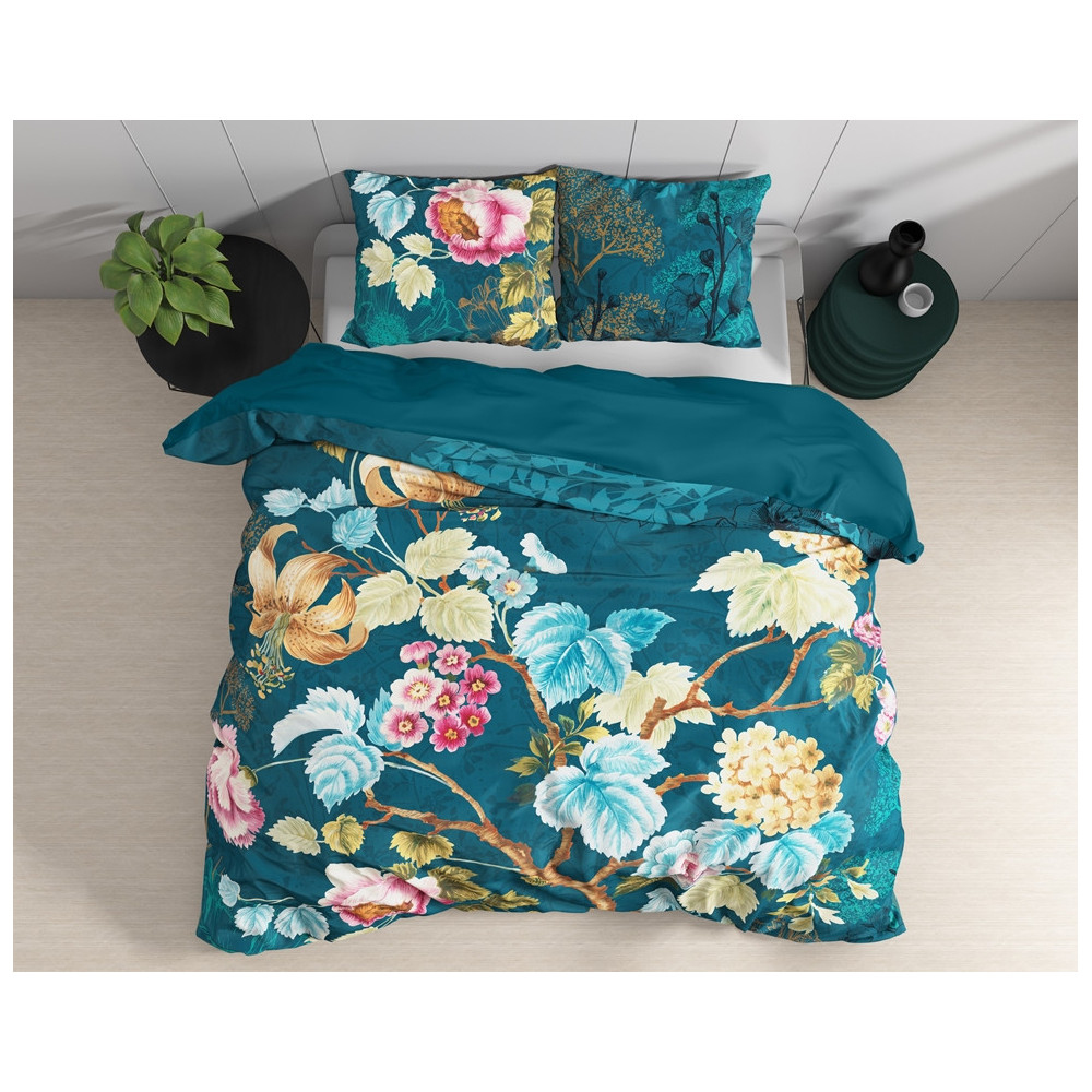 Sengesæt Chanda Blå med blader på i ren bomuld fra Sleeptime.dk