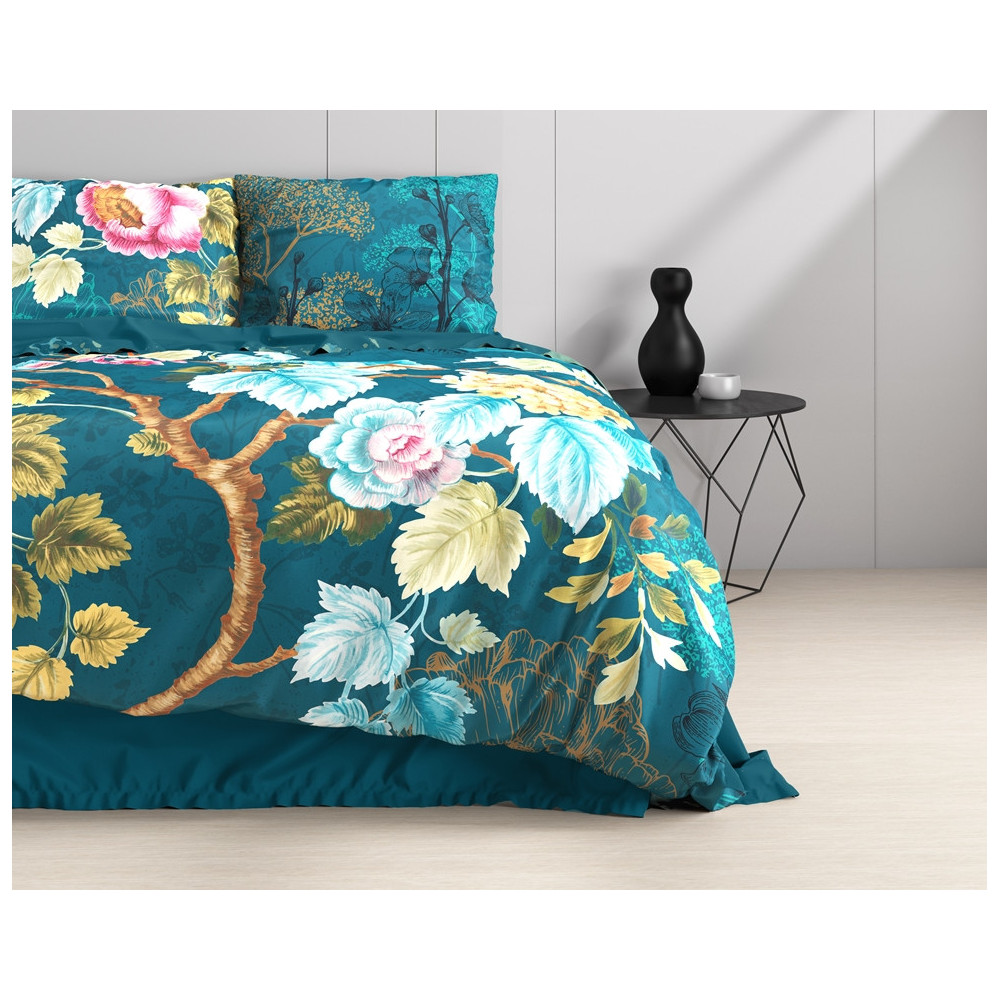 Sengesæt Chanda Blå med blader på i ren bomuld fra Sleeptime.dk