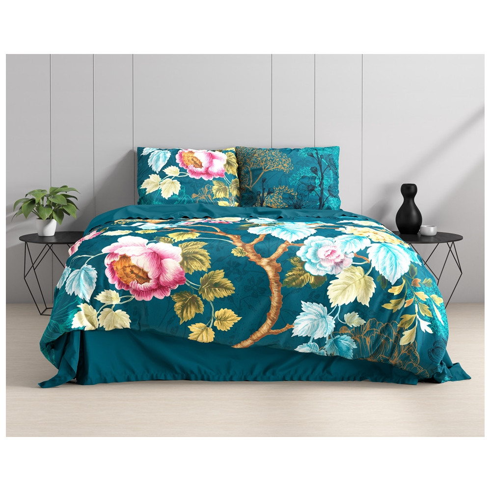 Sengesæt Chanda Blå med blader på i ren bomuld fra Sleeptime.dk