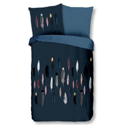Bomuld Sengesæt Feathers navy blue med multifarver fjer fra Sleeptime.dk