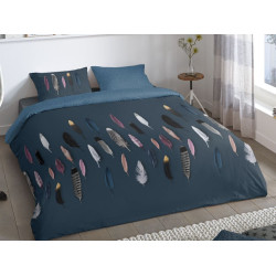 Bomuld Sengesæt Feathers navy blue med multifarver fjer fra Sleeptime.dk