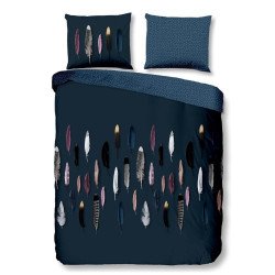 Bomuld Sengesæt Feathers navy blue med multifarver fjer fra Sleeptime.dk