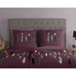 Bomuld Sengesæt Feathers bordeaux med multifarver fjer fra Sleeptime.dk