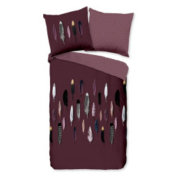 Bomuld Sengesæt Feathers bordeaux med multifarver fjer fra Sleeptime.dk
