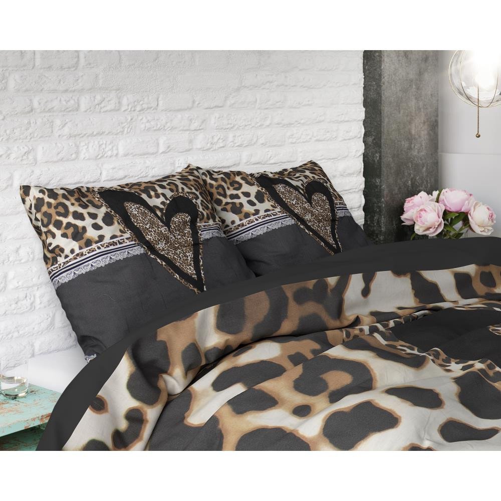 Sengesæt Panther Love Heart Brun i ren bomuld med leopard mønster fra Sleeptime.dk