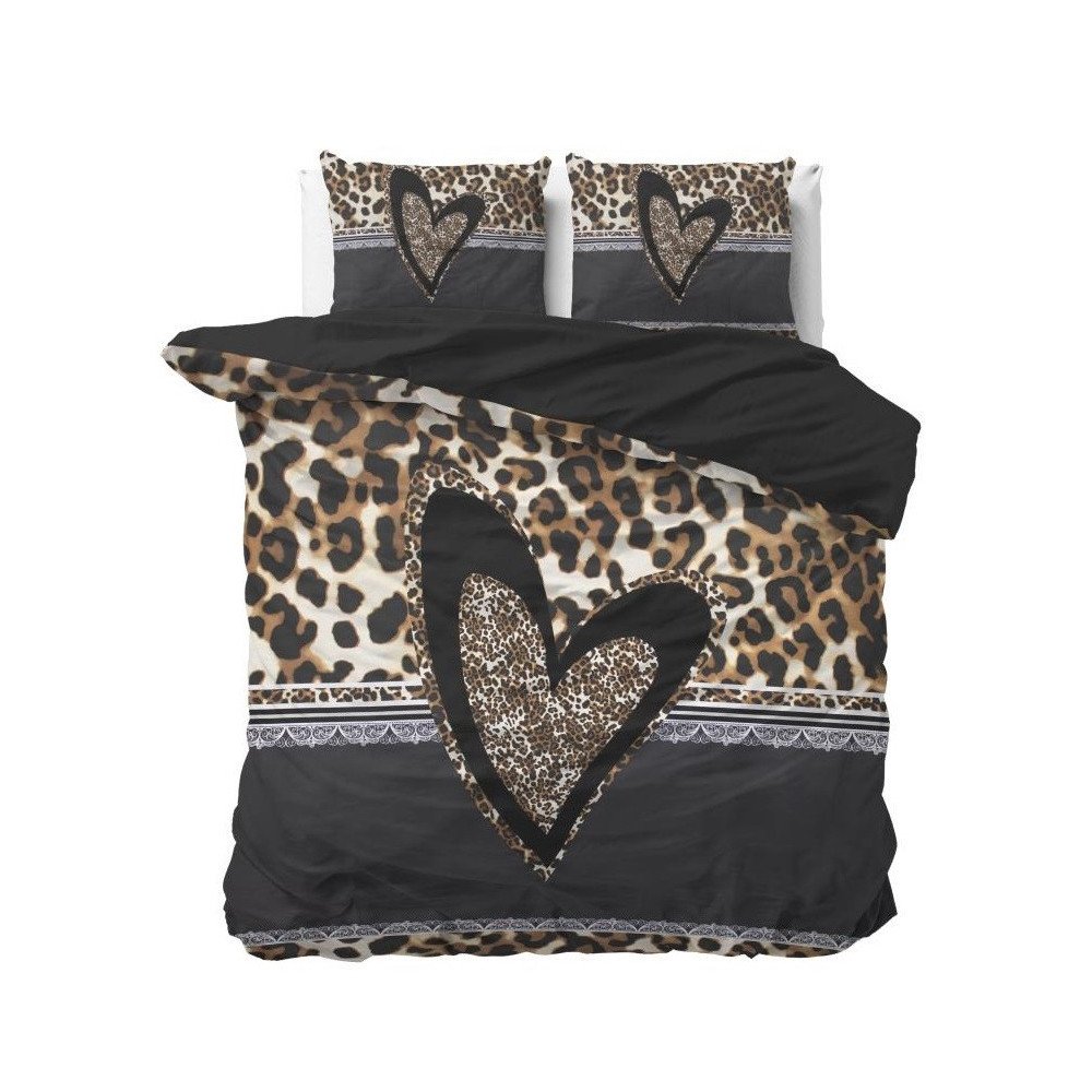 Sengesæt Panther Love Heart Brun i ren bomuld med leopard mønster fra Sleeptime.dk