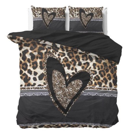 Sengesæt Panther Love Heart Brun i ren bomuld med leopard mønster fra Sleeptime.dk