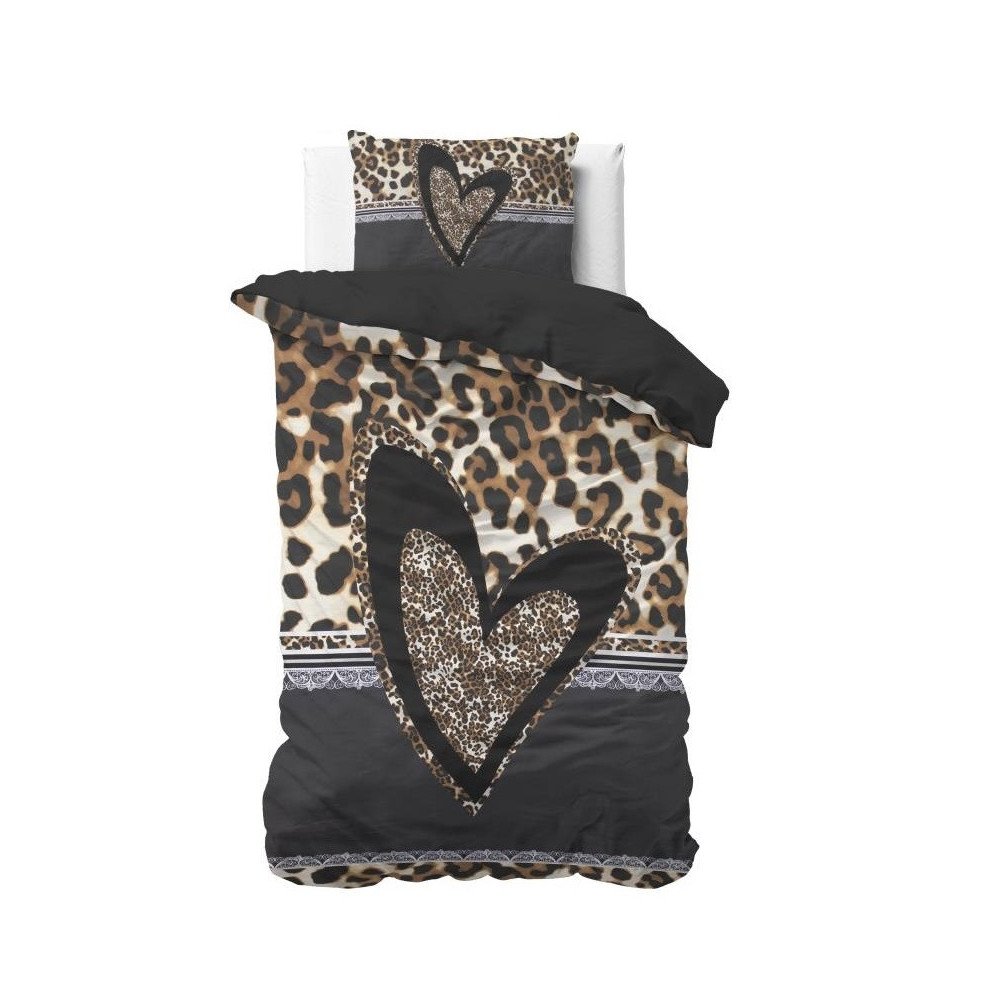 Sengesæt Panther Love Heart Brun i ren bomuld med leopard mønster fra Sleeptime.dk